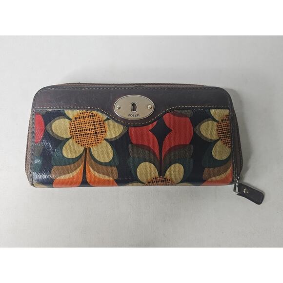 FOSSIL Key•Per Zip Around Wallet Clutch Fall Flowers Coated Canvas 8"x4" - Picture 1 of 15
